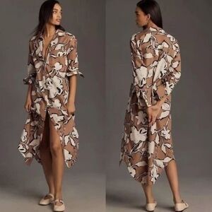 Anthropologie Maeve The Soren Long Sleeve Shirt Dress in Brown Cream Large